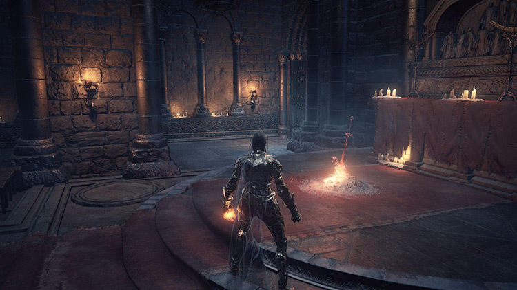 The Cleansing Chapel Bonfire with the second shortcut door in the background / Dark Souls 3