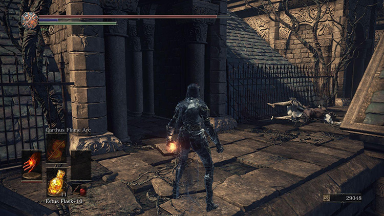 The passage back into the cathedral building / Dark Souls 3