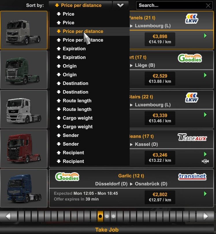 Sorting by Price per distance / Euro Truck Simulator 2