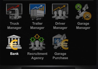 The bank icon on the Main Menu / Euro Truck Simulator 2