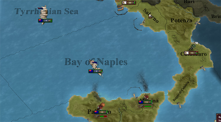 Sicilian armies cannot cross the blockaded strait between Reggio di Calabria and Messina: your smaller forces are free to occupy the entire island / Victoria 2
