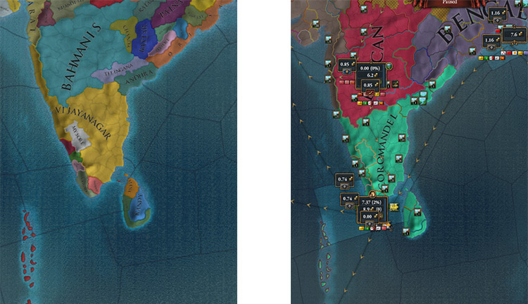The southern part of the Indian subcontinent. Political map on the left, trade map on the right / EU4