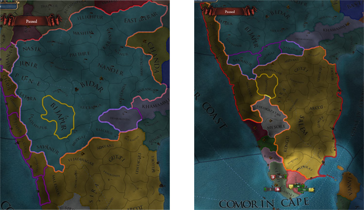 Bahmanis and Vijayanagar both start with cores on each other’s land / Europa Universalis IV
