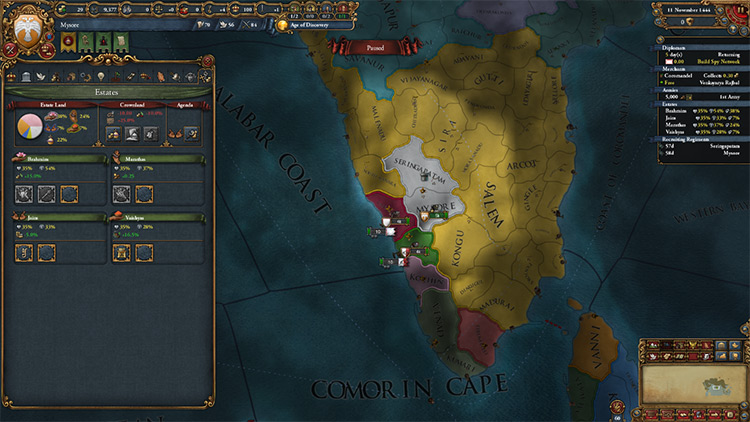 Estates setup as Mysore. The +1 military power for the Marathas will ensure you are at least on par with your enemies technologically / EU4