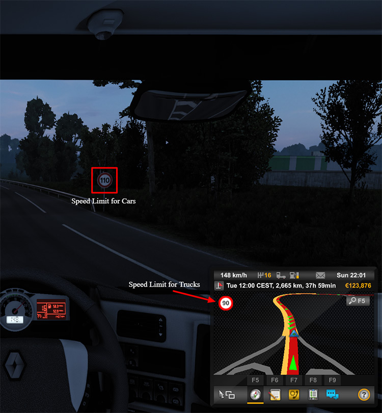 The difference between car and truck speed limits / ETS2