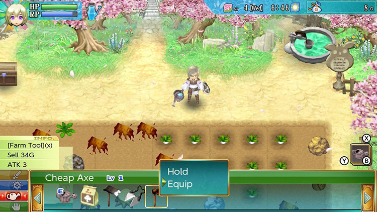 Lest in Selphia Farm with the menu open to equip the Cheap Axe / Rune Factory 4