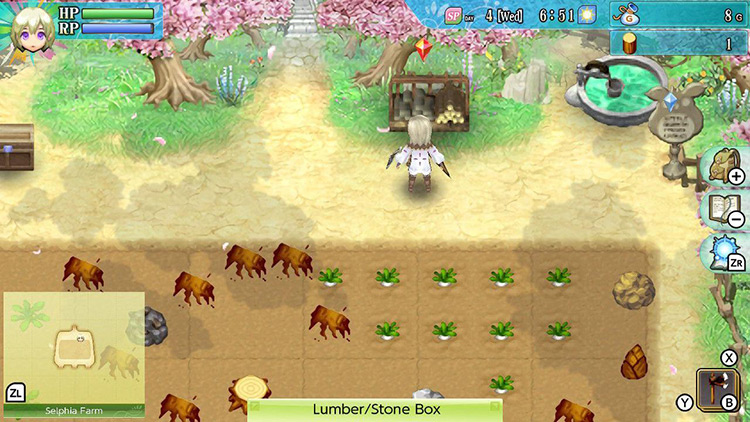 Lest looking at the Lumber/Stone box in Selphia Farm with the amount of lumber displayed in the top right-hand corner / Rune Factory 4