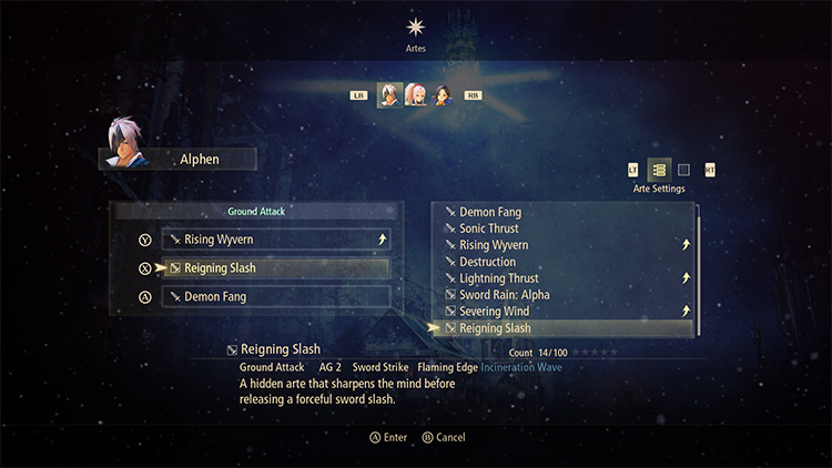 Alphen’s arte selection. Here Reigning Slash is assigned to the X button, after selecting it from the list on the right / Tales of Arise
