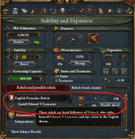 Rebel Factions Section of the Stability Tab / EU4