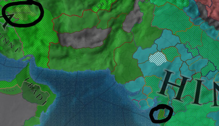 The two Zoroastrian provinces at game start, circled in black. / EU4