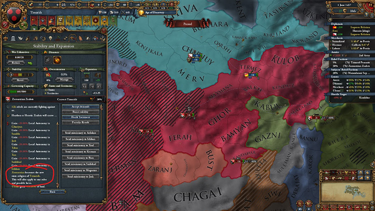 Rebels have occupied much of the country. Do not accept their demands unless the message in the red circle is present. / EU4