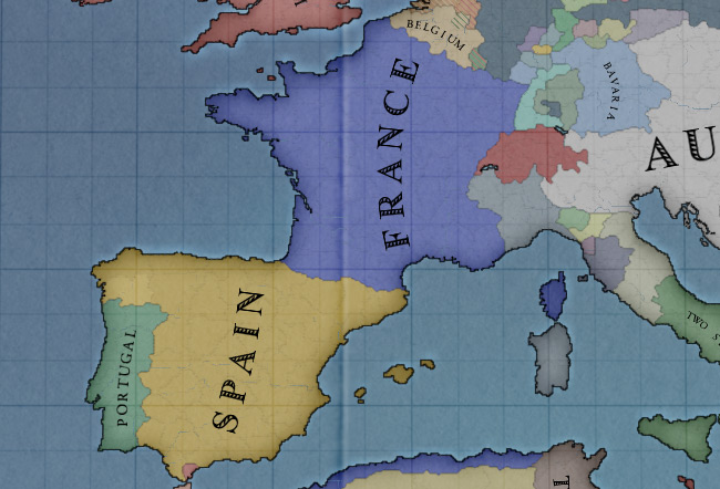 Spain is surrounded by Portugal and France, so its position on the continent is far from ideal / Victoria 2
