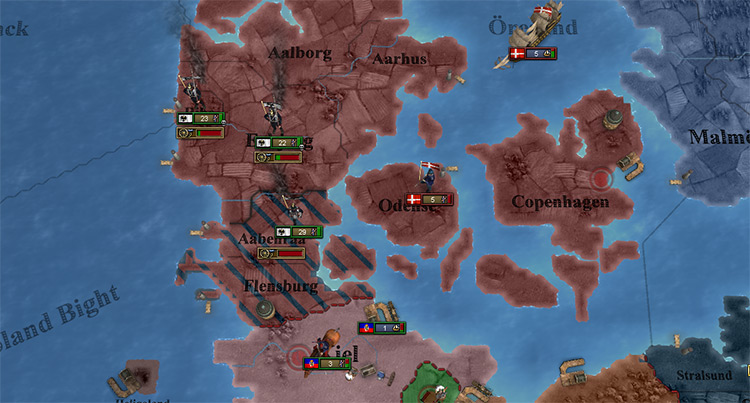 The Danish fleet is powerless once the army has been routed by countless Prussian soldiers / Victoria 2