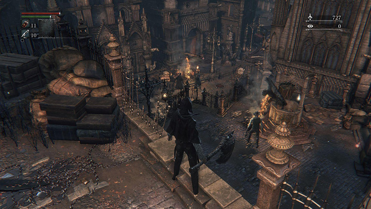 The view from the gap in the railing, with the main path down below / Bloodborne