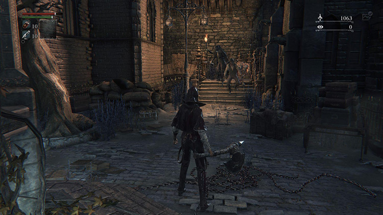 The ambushing party coming down the stairs / Bloodborne