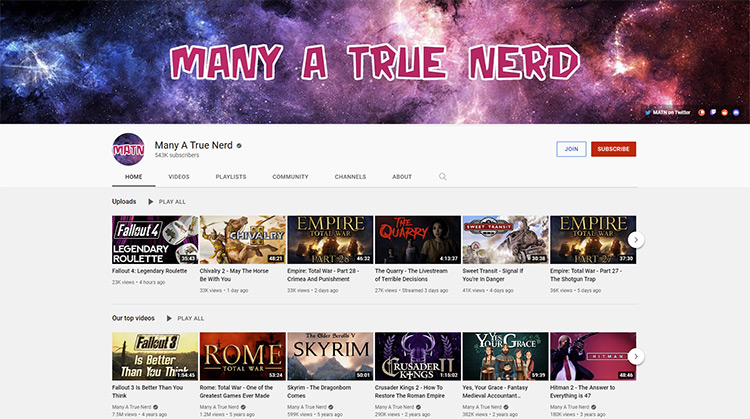 Many a True Nerd YouTube channel page screenshot