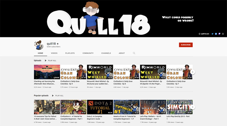 Quill18 YouTube channel page screenshot