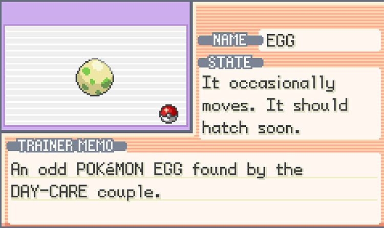 Summary of the Daycare Egg as it is close to hatching / Pokemon FRLG