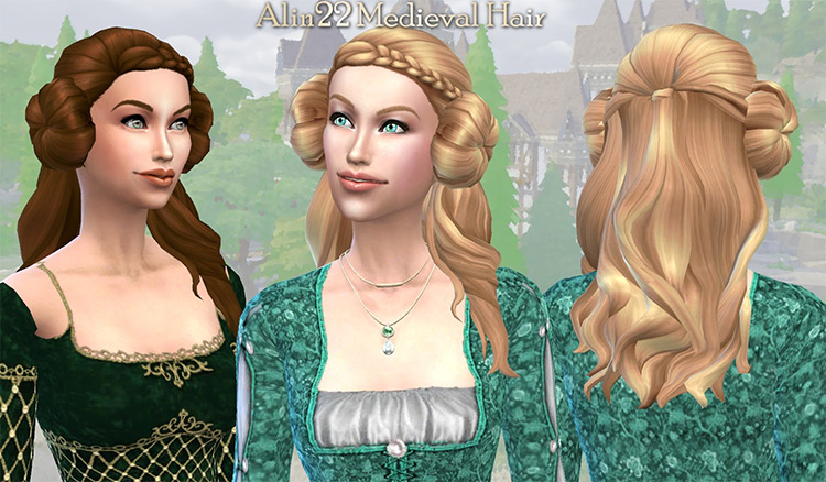 Medieval Long Hair with Buns & Metallic Hairnets Accessory by Mythical Sims Sims 4 CC