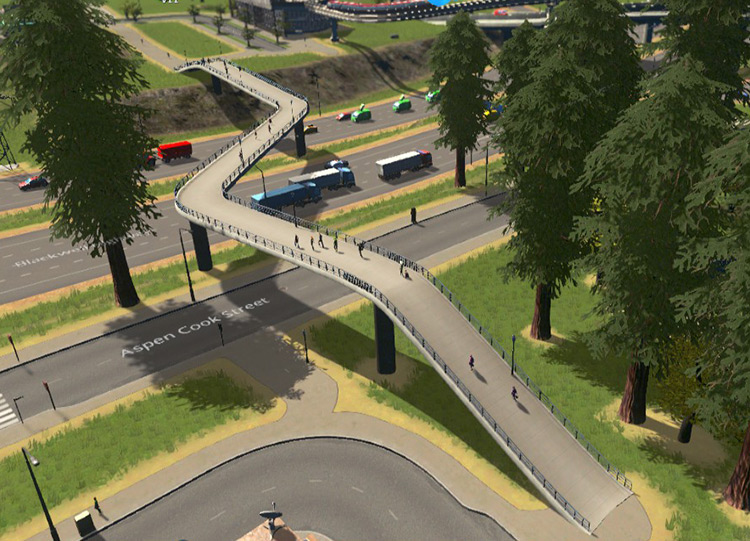 Pylon placement is key when building footbridges that go across multiple roads / Cities: Skylines
