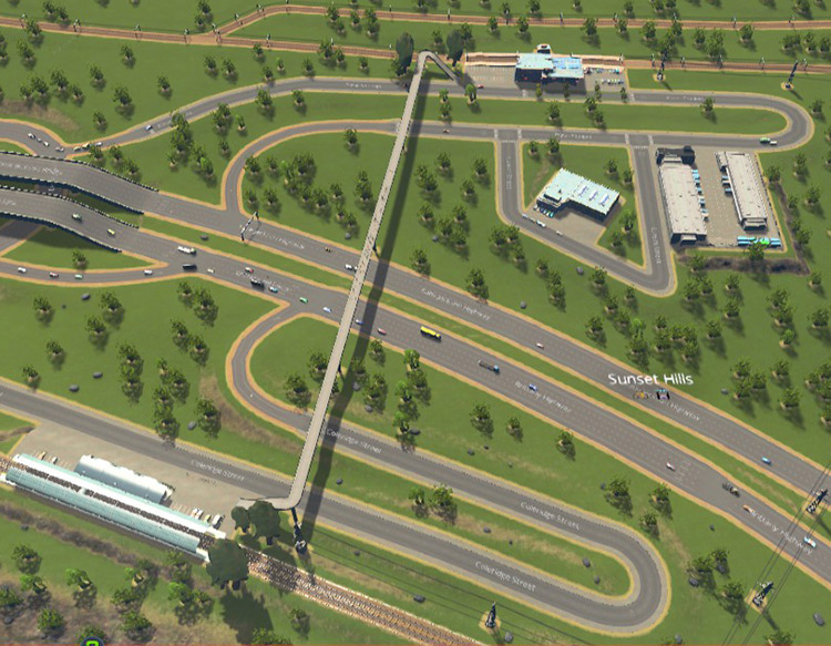 This long overpass allows easy transfer between a local metro line and a train line going in and out of the city / Cities: Skylines