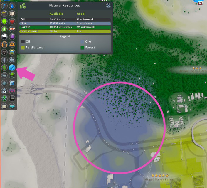 Ore is indicated by a bluish-gray tint on the map / Cities: Skylines