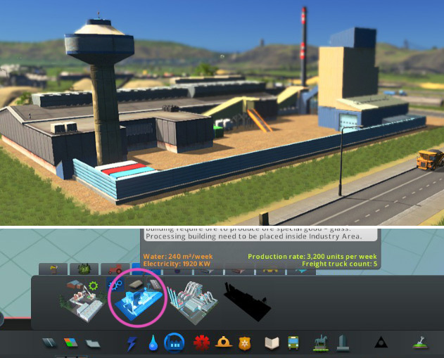 You’ll find the glass manufacturing plant under Processing Buildings right beside the ore grinding mill / Cities: Skylines