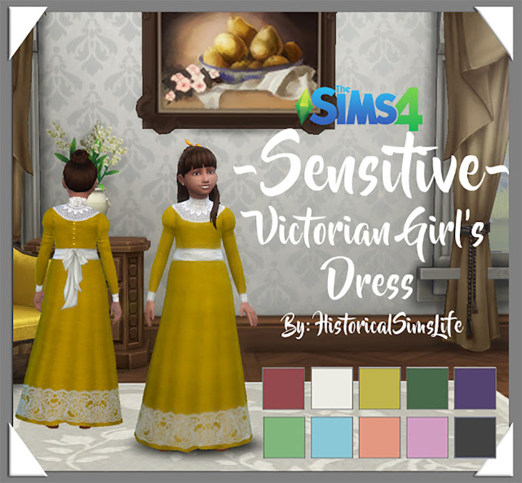 Sensitive Victorian Girls Dress for Sims 4