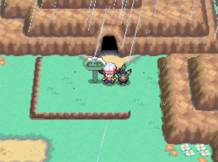The entrance to Union Cave on the ever-rainy Route 33 / Pokemon HGSS