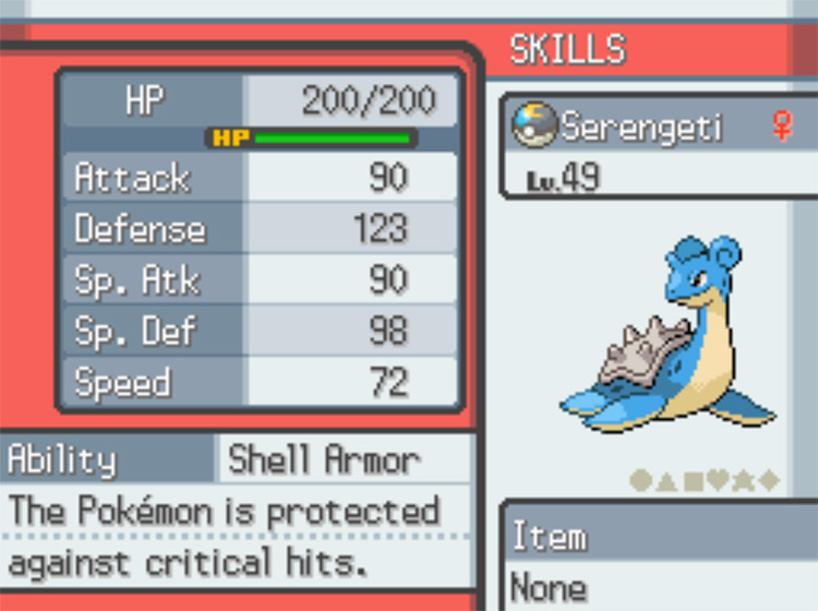 An example of a captured Lapras after some training / Pokemon HGSS