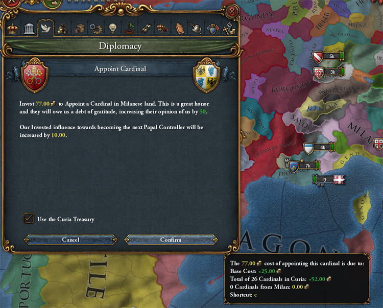 Appointing a Cardinal in Milan using the Curia Treasury / Europa Universalis IV