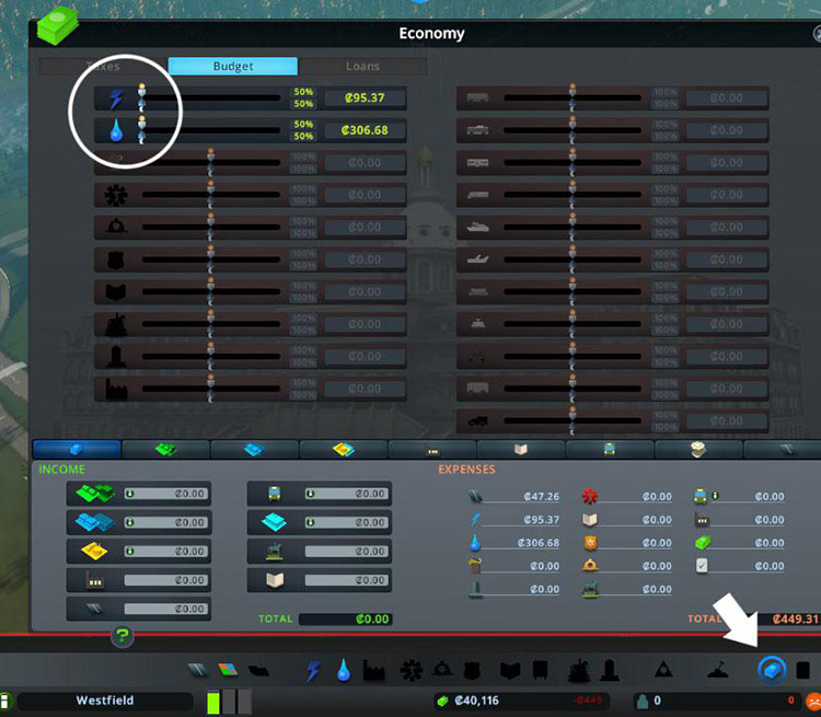 Access the Economy panel by clicking the money icon on the bottom right of the screen / Cities: Skylines