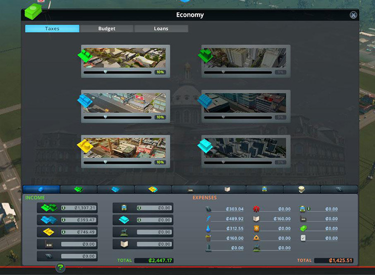 You’ll find the tax sliders on the first tab of the Economy panel / Cities: Skylines
