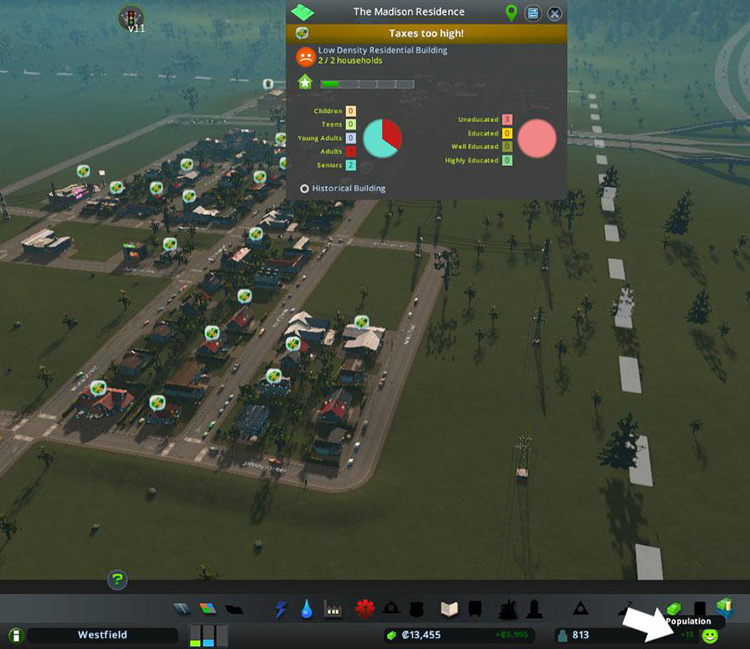 After a few weeks, your citizens will start to air their grievances about the exorbitant tax and consider moving out / Cities: Skylines