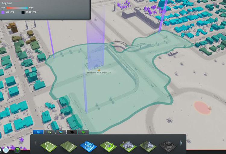 In this example, Robin Meadows park is little more than a pedestrian footbridge network connecting two residential areas that aren’t directly connected by road / Cities: Skylines