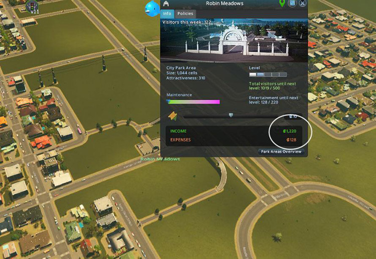 Because walking through the park is a shorter trip than driving through the roundabout to get to the other side, the citizens are willing to pay the fee, giving us a nice income boost at little expense / Cities: Skylines