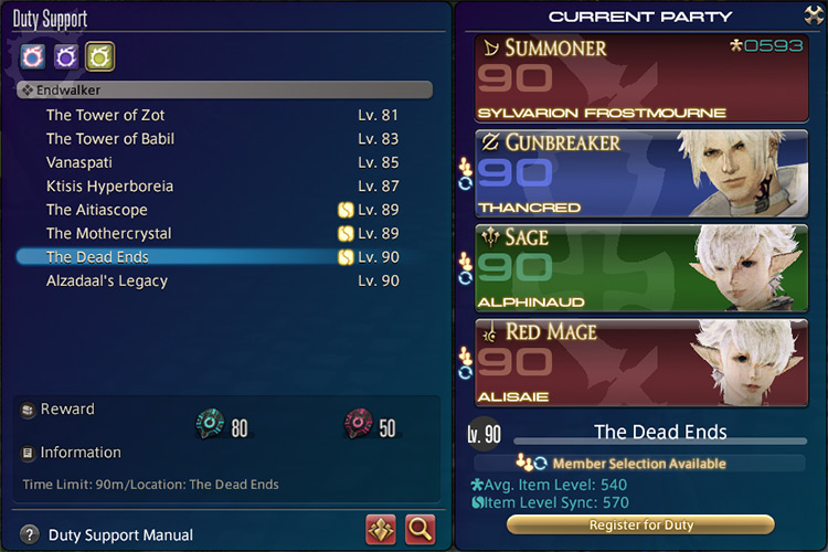 Duty Support menu screenshot / Final Fantasy XIV