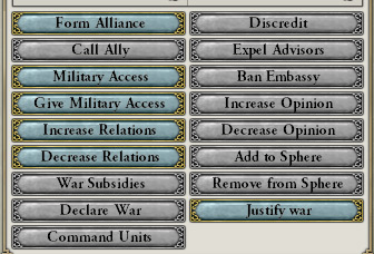 Diplomacy menu with the “Justify War” button / Victoria 2