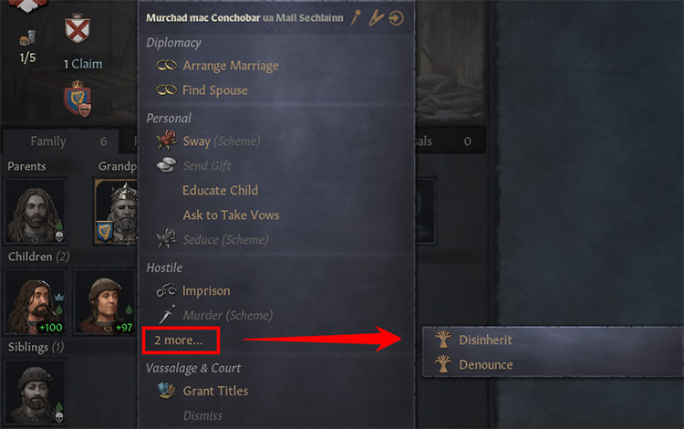 The “disinherit” option found under “hostile; more” is highlighted / Crusader Kings III