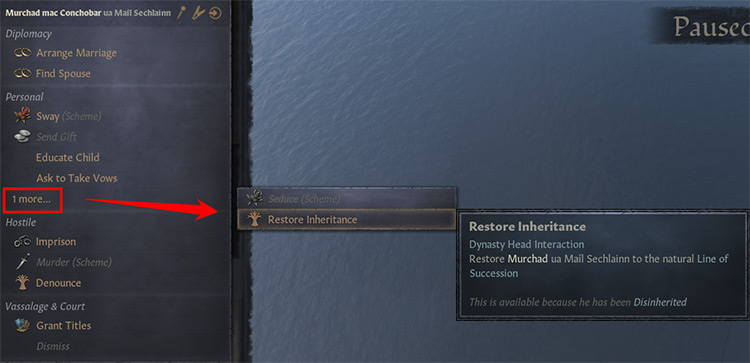 The “restore inheritance” option under “personal; more” is highlighted / Crusader Kings III