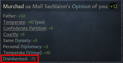 The result of a -75 relationship debuff from disinheriting / Crusader Kings III
