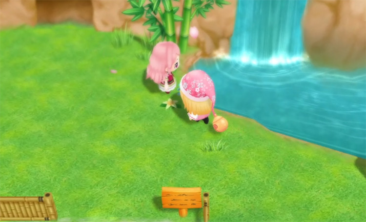 Popuri stands next to the Harvest Goddess’ waterfall on a sunny morning / SoS: FoMT