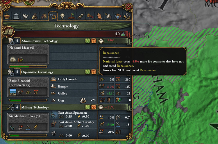 The initial +15% malus on teching up from level 4 to 5 without embracing the renaissance / Europa Universalis IV