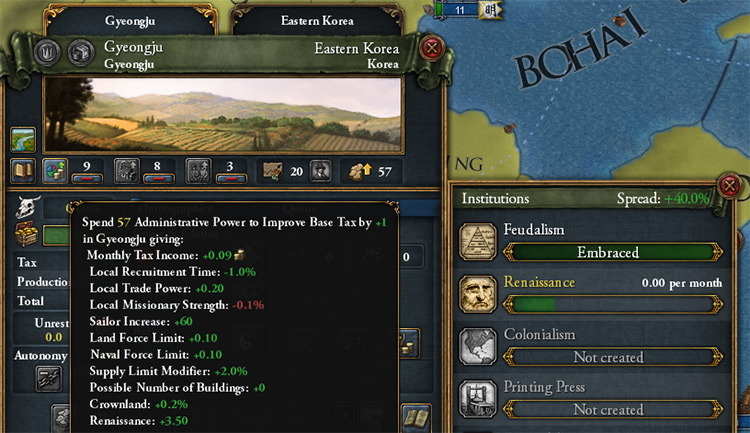 Renaissance increase can be seen on the bottom left of the picture / Europa Universalis IV