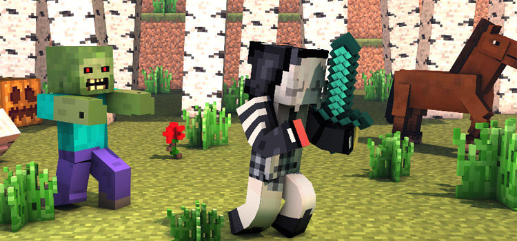 Girl in hoodie running from a zombie (Minecraft)