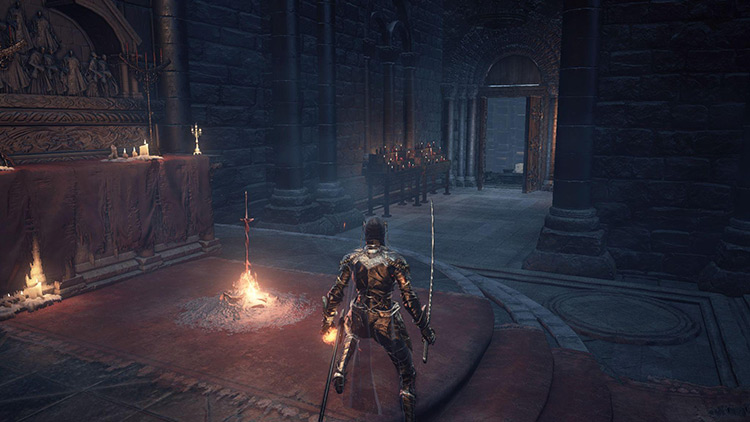The Cleansing Chapel Bonfire with the first shortcut door in the background / DS3