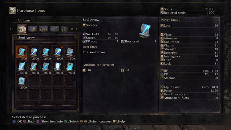 Orbeck’s shop inventory before he’s handed any Scrolls / DS3