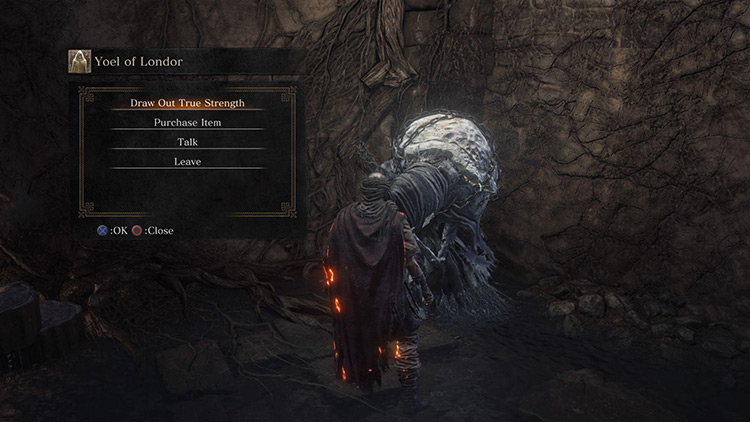 Yoel’s interaction menu - choose ‘Draw Out True Strength’ to progress his quest / DS3