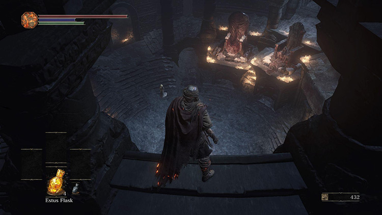 Jumping from this ledge in Firelink Shrine will almost always kill you in one fall / DS3