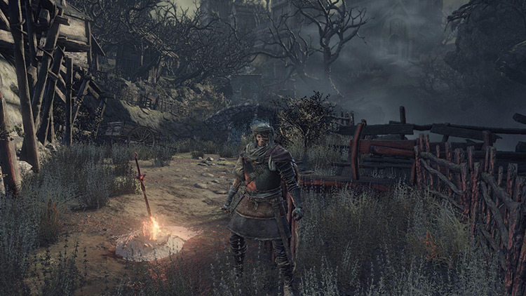 The Dilapidated Bridge Bonfire with the archway that leads to the graveyard in the distance / DS3